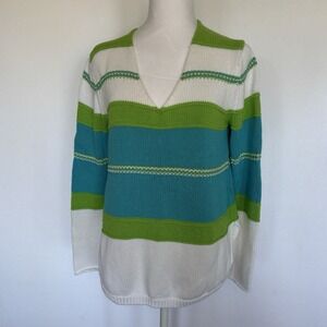 Zaket & Plover S Women's Cotton Striped Sweater Turq Lime & White Long Sleeve